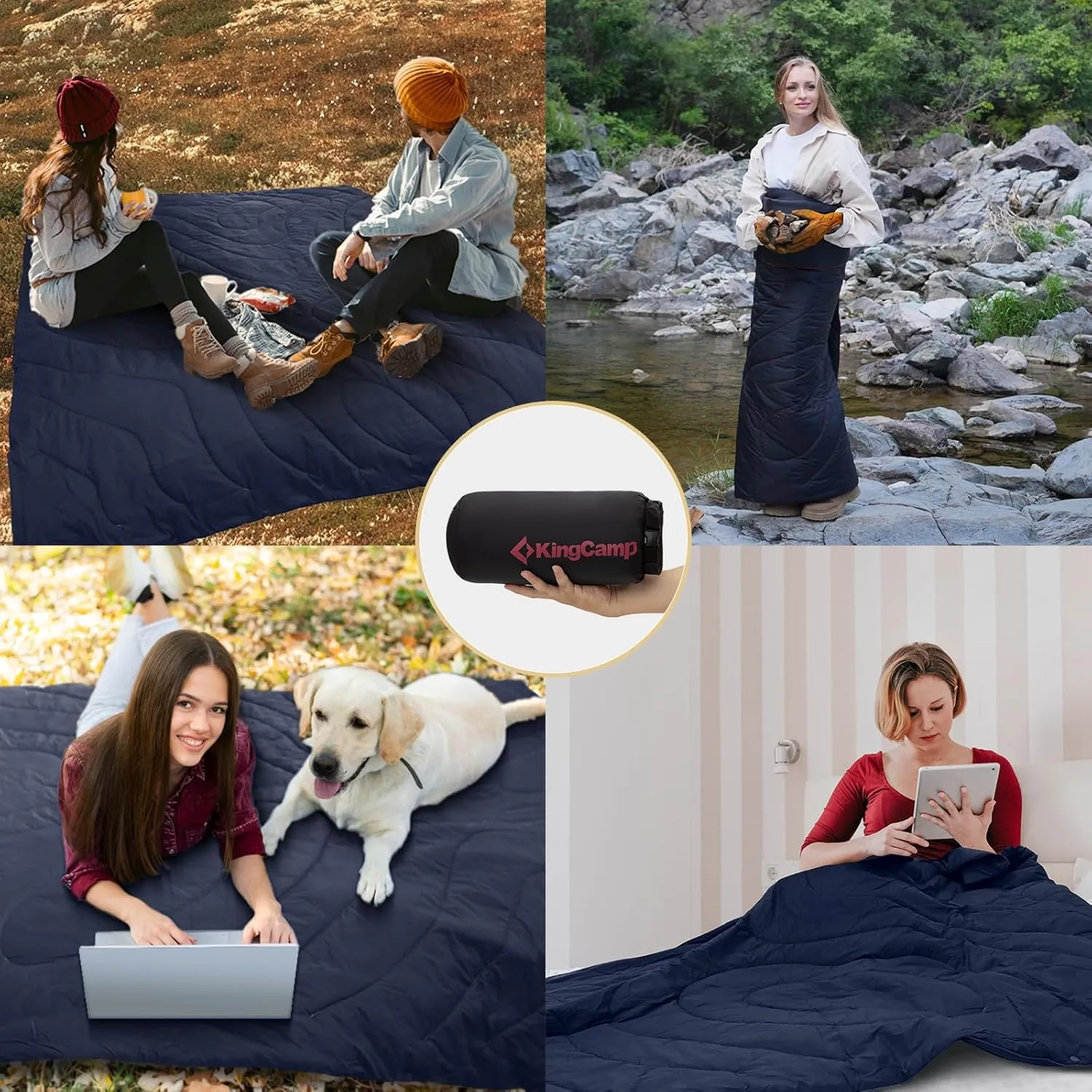 KingCamp Ultralight Camping Blanket, Packable Down Alternative Puffy Wearable Blankets Weatherproof Warm Package Quilt with Snap Buttons & Corner Loops for Outdoor, Travel, Stadium, 69 x 53” (Black)