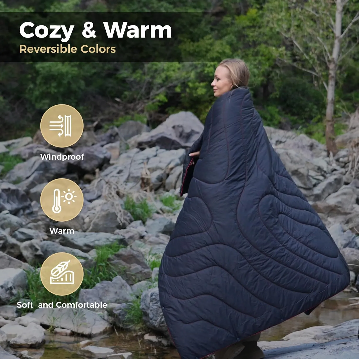 KingCamp Ultralight Camping Blanket, Packable Down Alternative Puffy Wearable Blankets Weatherproof Warm Package Quilt with Snap Buttons & Corner Loops for Outdoor, Travel, Stadium, 69 x 53” (Black)