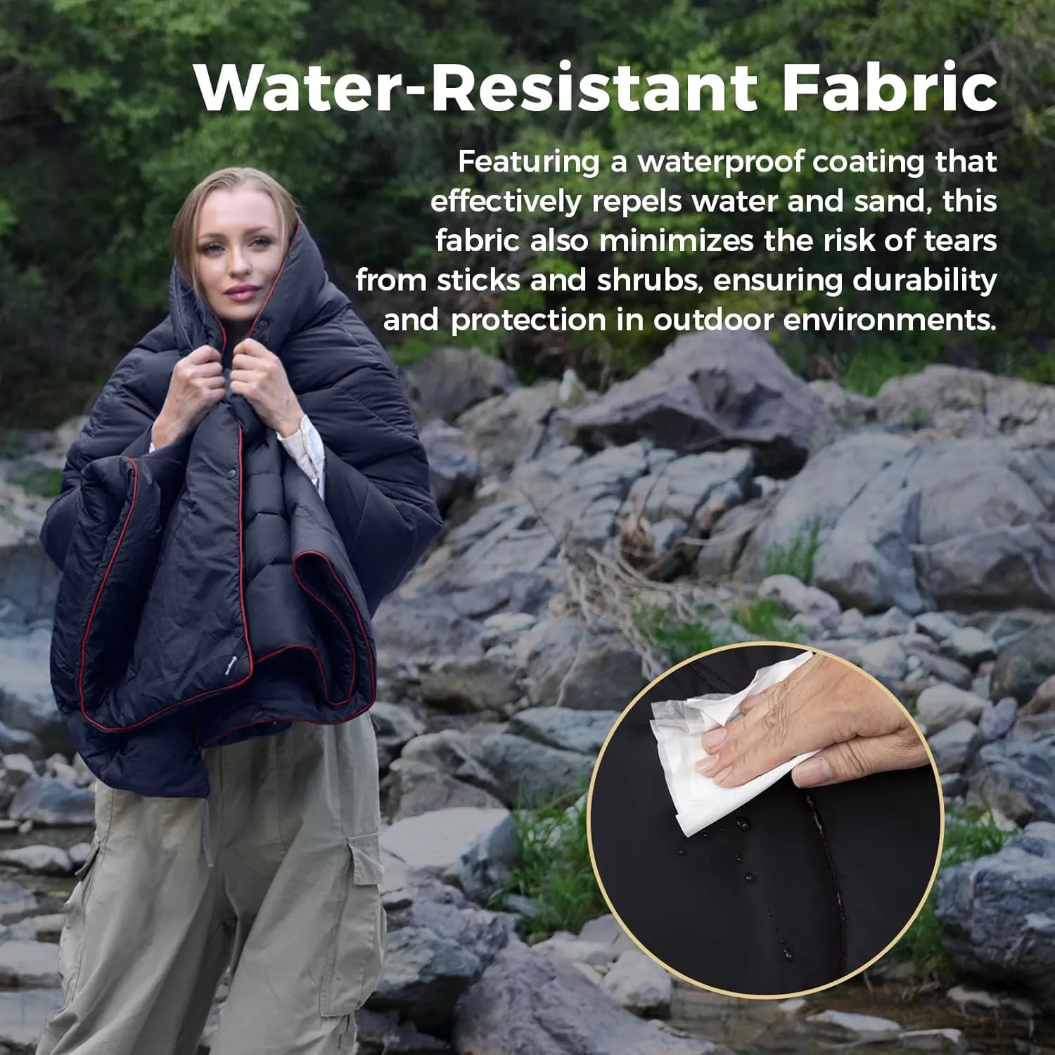 KingCamp Ultralight Camping Blanket, Packable Down Alternative Puffy Wearable Blankets Weatherproof Warm Package Quilt with Snap Buttons & Corner Loops for Outdoor, Travel, Stadium, 69 x 53” (Black)