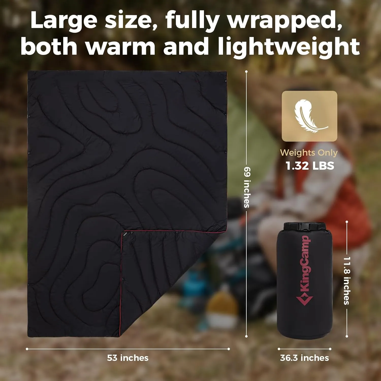 KingCamp Ultralight Camping Blanket, Packable Down Alternative Puffy Wearable Blankets Weatherproof Warm Package Quilt with Snap Buttons & Corner Loops for Outdoor, Travel, Stadium, 69 x 53” (Black)