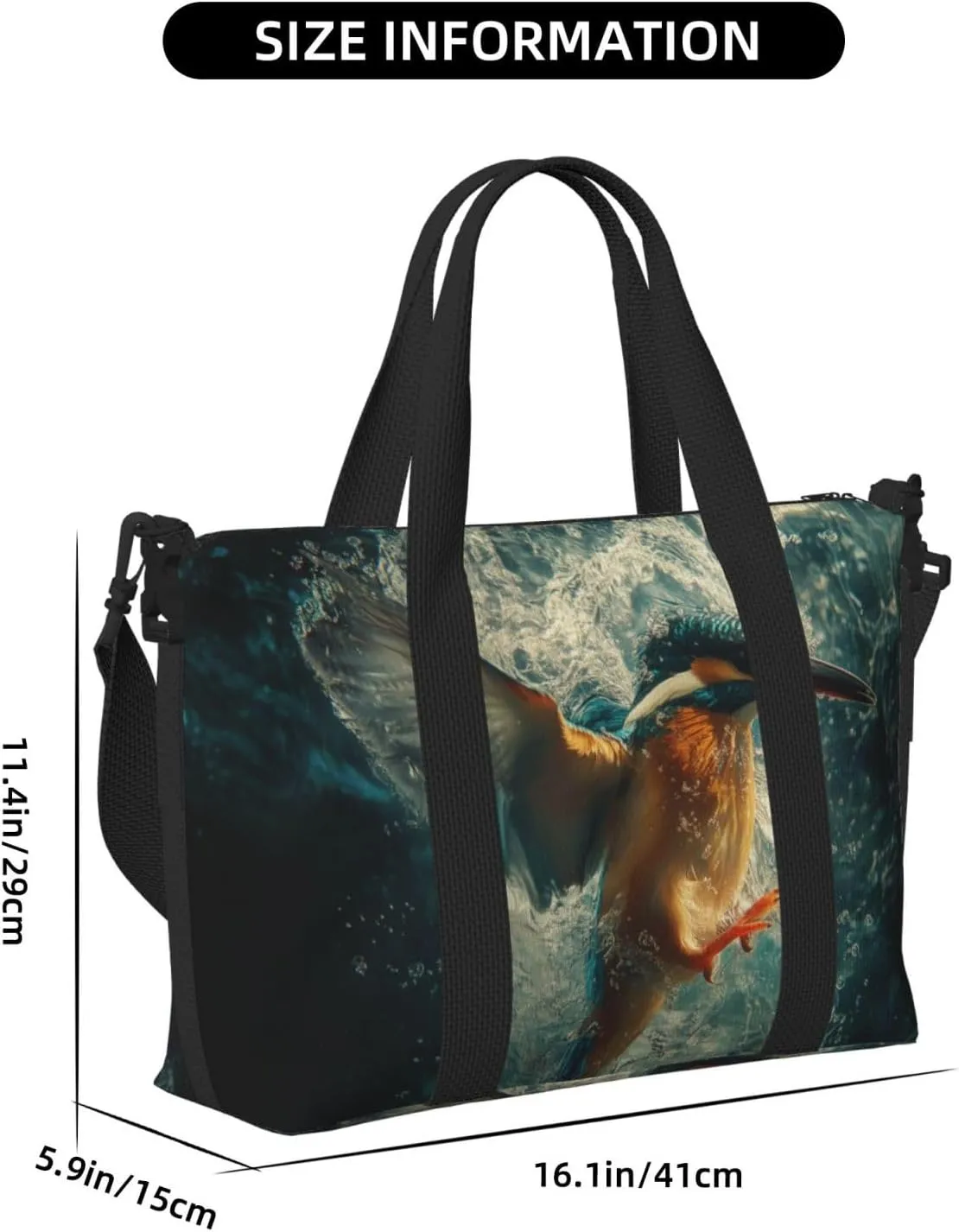 kingfisher diving into water print Travel Duffel Bag, Sports Tote Gym Bag, Swim Pool Bag Large Shoulder Tote Bag for Beach Weekender