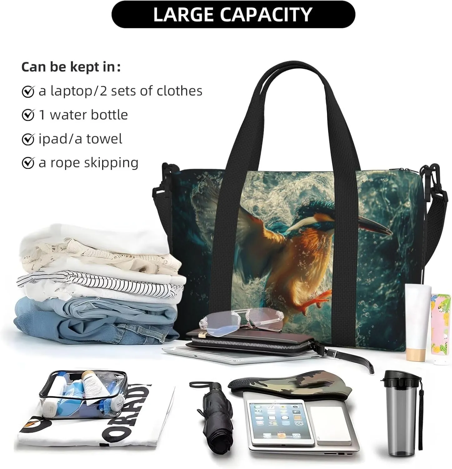 kingfisher diving into water print Travel Duffel Bag, Sports Tote Gym Bag, Swim Pool Bag Large Shoulder Tote Bag for Beach Weekender