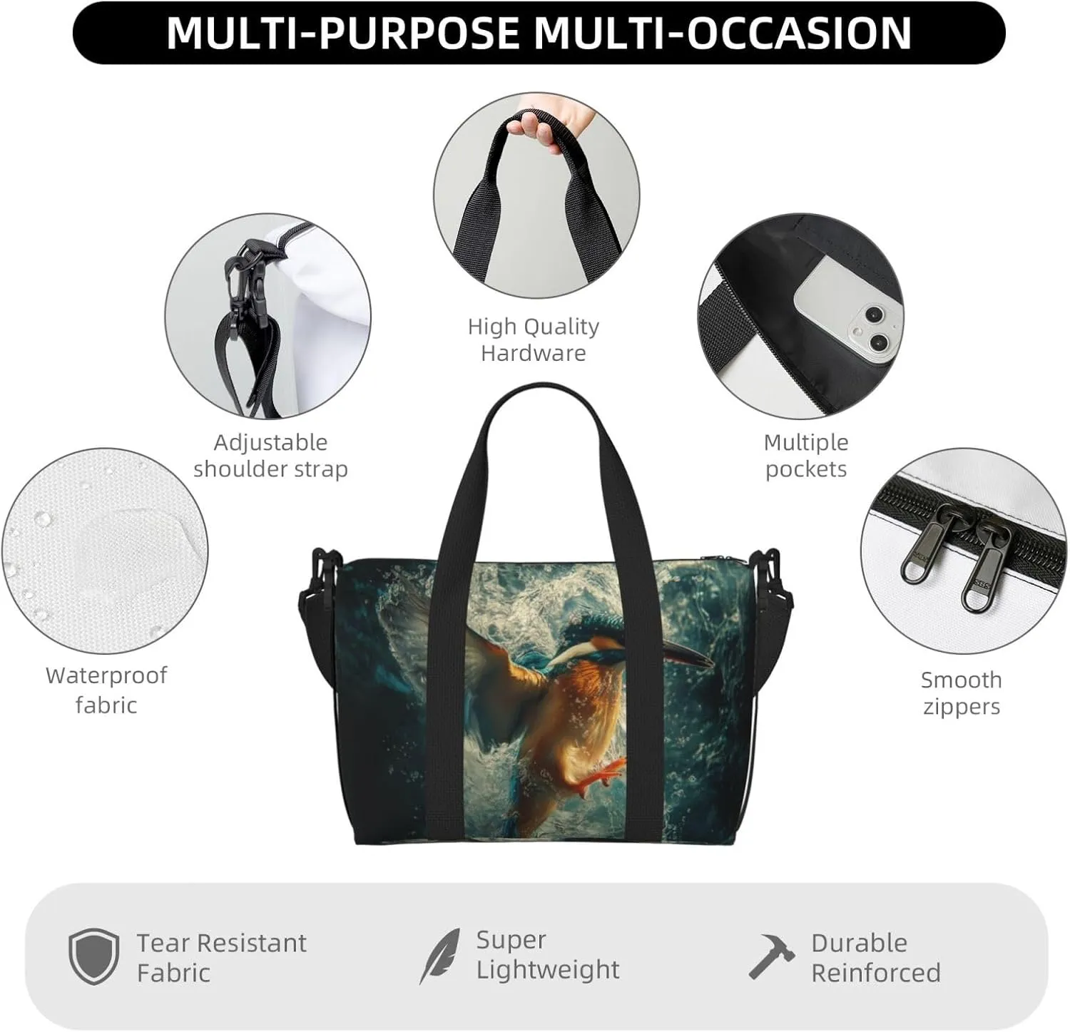 kingfisher diving into water print Travel Duffel Bag, Sports Tote Gym Bag, Swim Pool Bag Large Shoulder Tote Bag for Beach Weekender