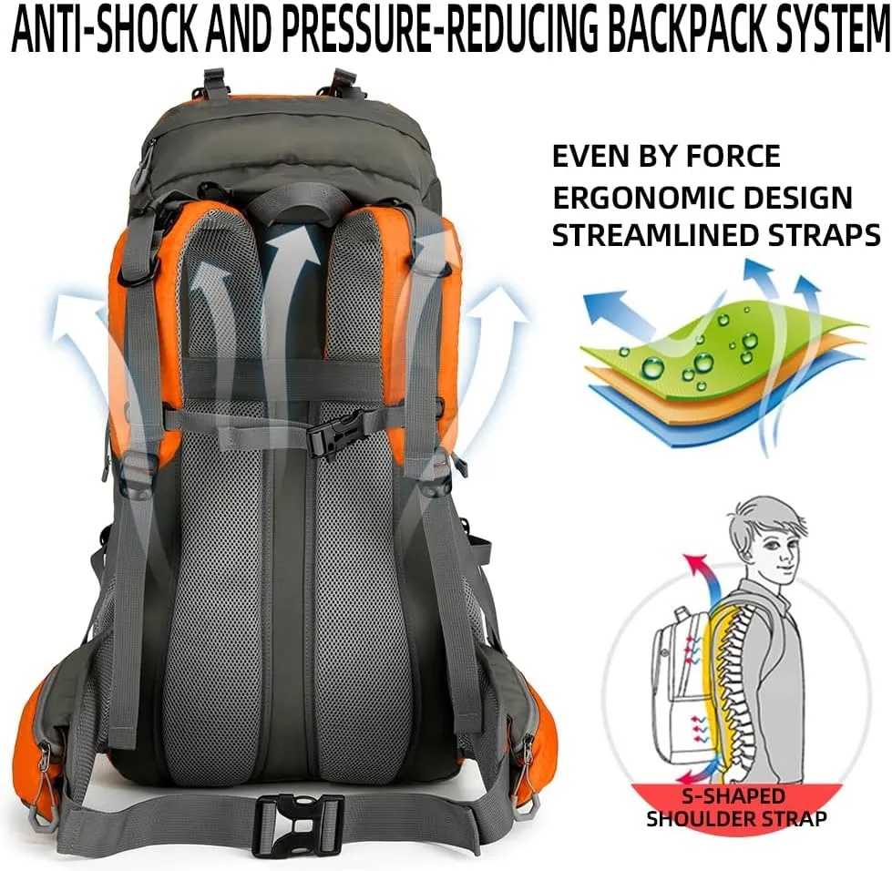 King'sGuard 60L Hiking Backpack, Waterproof Camping Backpacking Backpack for Men Outdoor Climbing Daypack (Orange)