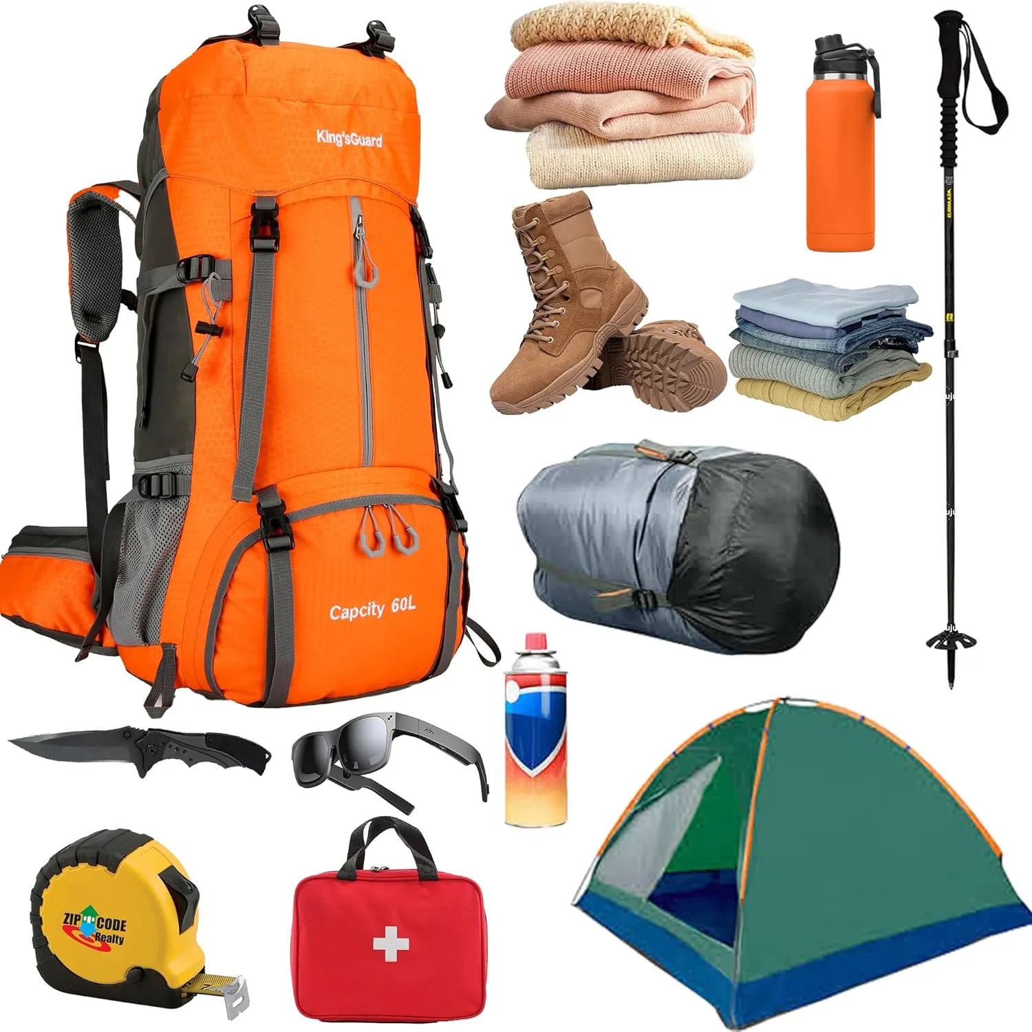 King'sGuard 60L Hiking Backpack, Waterproof Camping Backpacking Backpack for Men Outdoor Climbing Daypack (Orange)