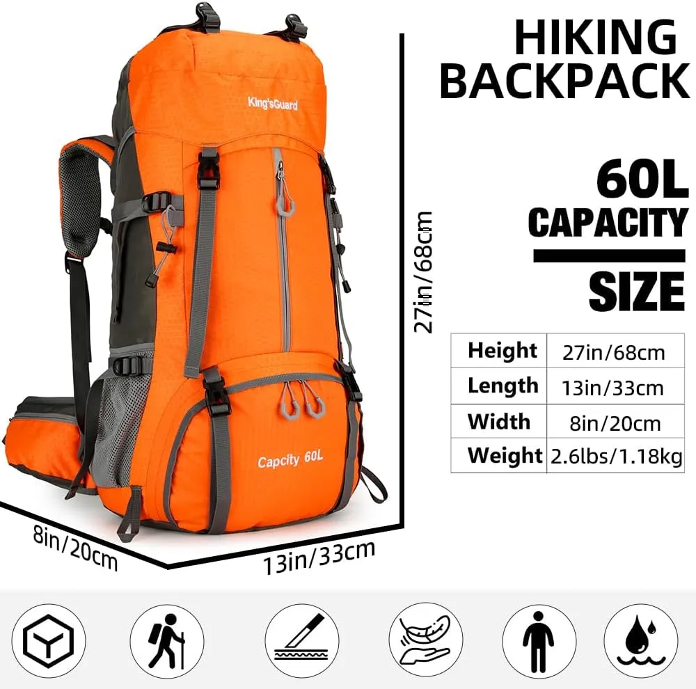 King'sGuard 60L Hiking Backpack, Waterproof Camping Backpacking Backpack for Men Outdoor Climbing Daypack (Orange)