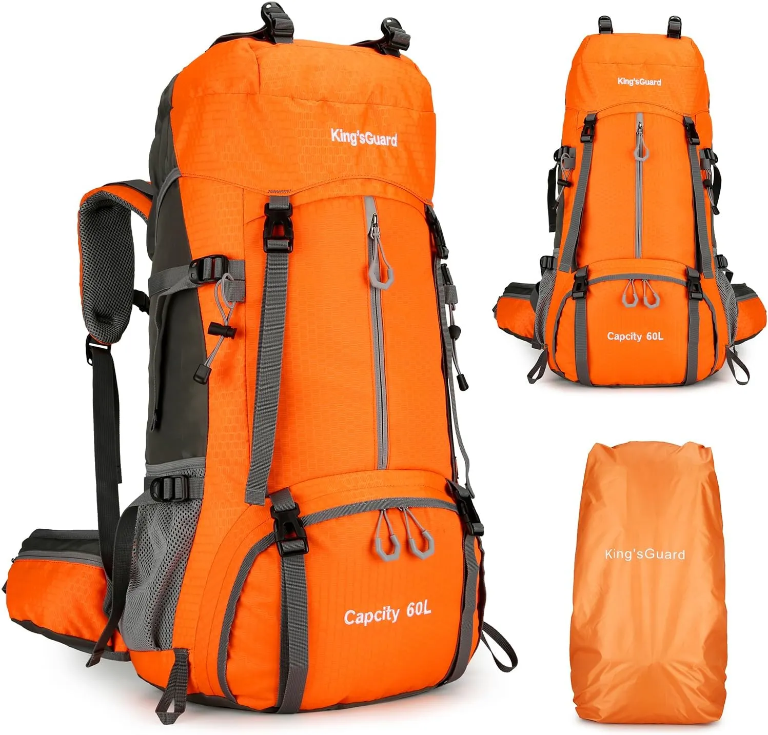 King'sGuard 60L Hiking Backpack, Waterproof Camping Backpacking Backpack for Men Outdoor Climbing Daypack (Orange)