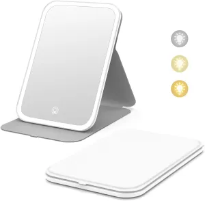 Kintion Travel Makeup Mirror, Portable LED Lighted Makeup Mirror, 360° Rotation Touch Screen Vanity Mirror, 60 LEDs, 3-Color Dimmable Lighting, Rechargeable Tabletop Folding Cosmetic Mirror, White