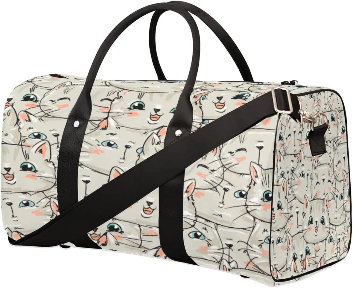 Kitten Cute Sketch Travel Duffel Bag, Foldable Sport Gym Tote Bag, Waterproof Weekender Overnight Bag with Shoulder Strap, Carry On Luggage Handbag for Men and Women