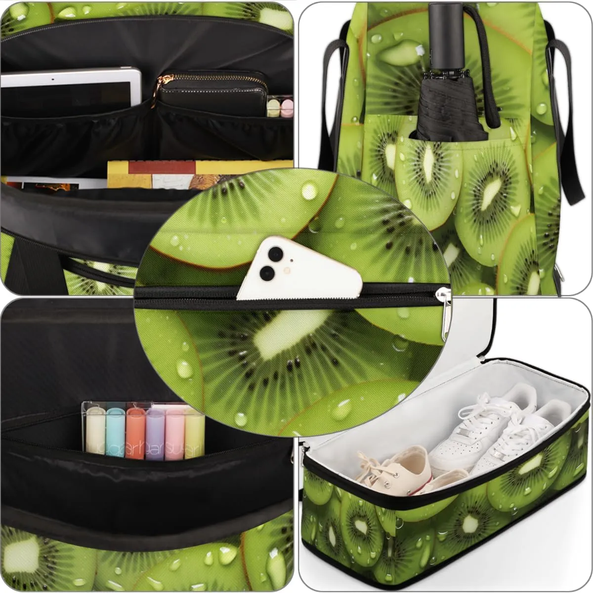 Kiwi Fruit Green Foldable Duffle Bag with Shoes Compartment Large Capacity Waterproof Travel Weekender Bag Overnight Bag for Sports Gym