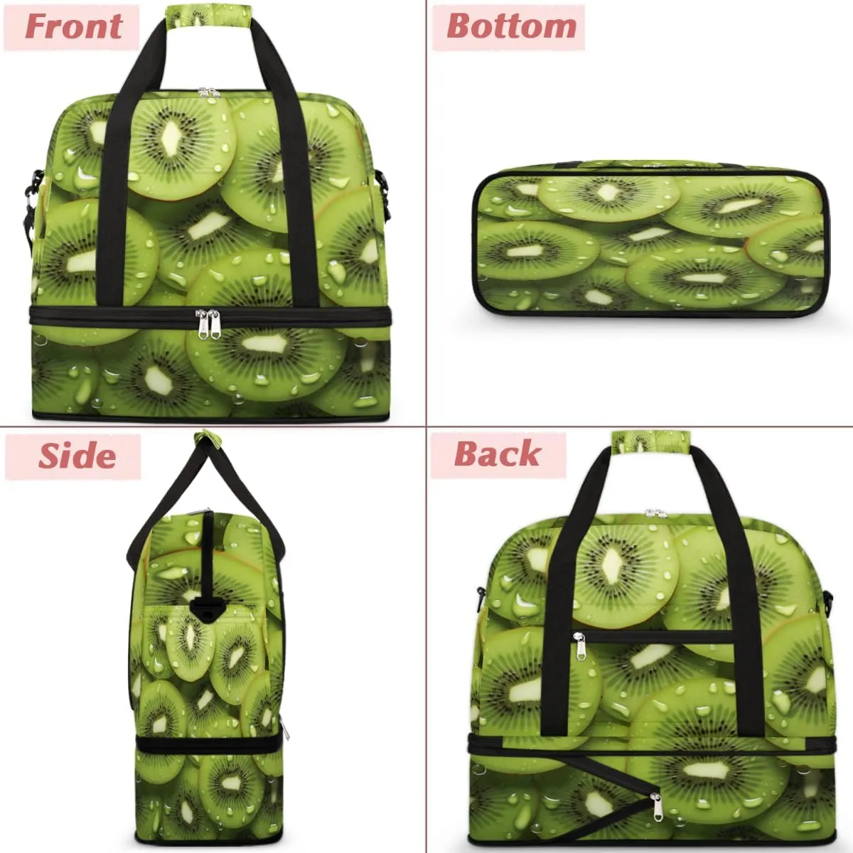 Kiwi Fruit Green Foldable Duffle Bag with Shoes Compartment Large Capacity Waterproof Travel Weekender Bag Overnight Bag for Sports Gym