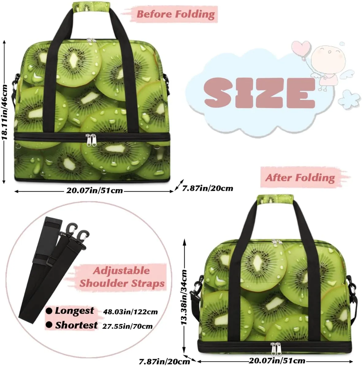 Kiwi Fruit Green Foldable Duffle Bag with Shoes Compartment Large Capacity Waterproof Travel Weekender Bag Overnight Bag for Sports Gym