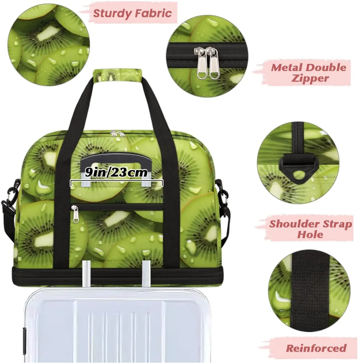 Kiwi Fruit Green Foldable Duffle Bag with Shoes Compartment Large Capacity Waterproof Travel Weekender Bag Overnight Bag for Sports Gym