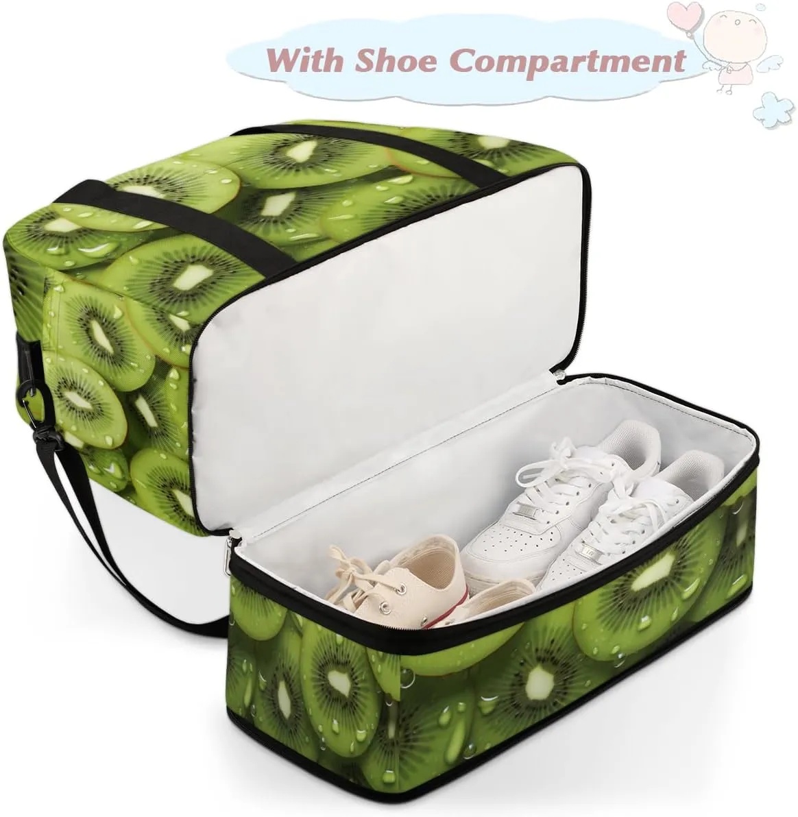 Kiwi Fruit Green Foldable Duffle Bag with Shoes Compartment Large Capacity Waterproof Travel Weekender Bag Overnight Bag for Sports Gym