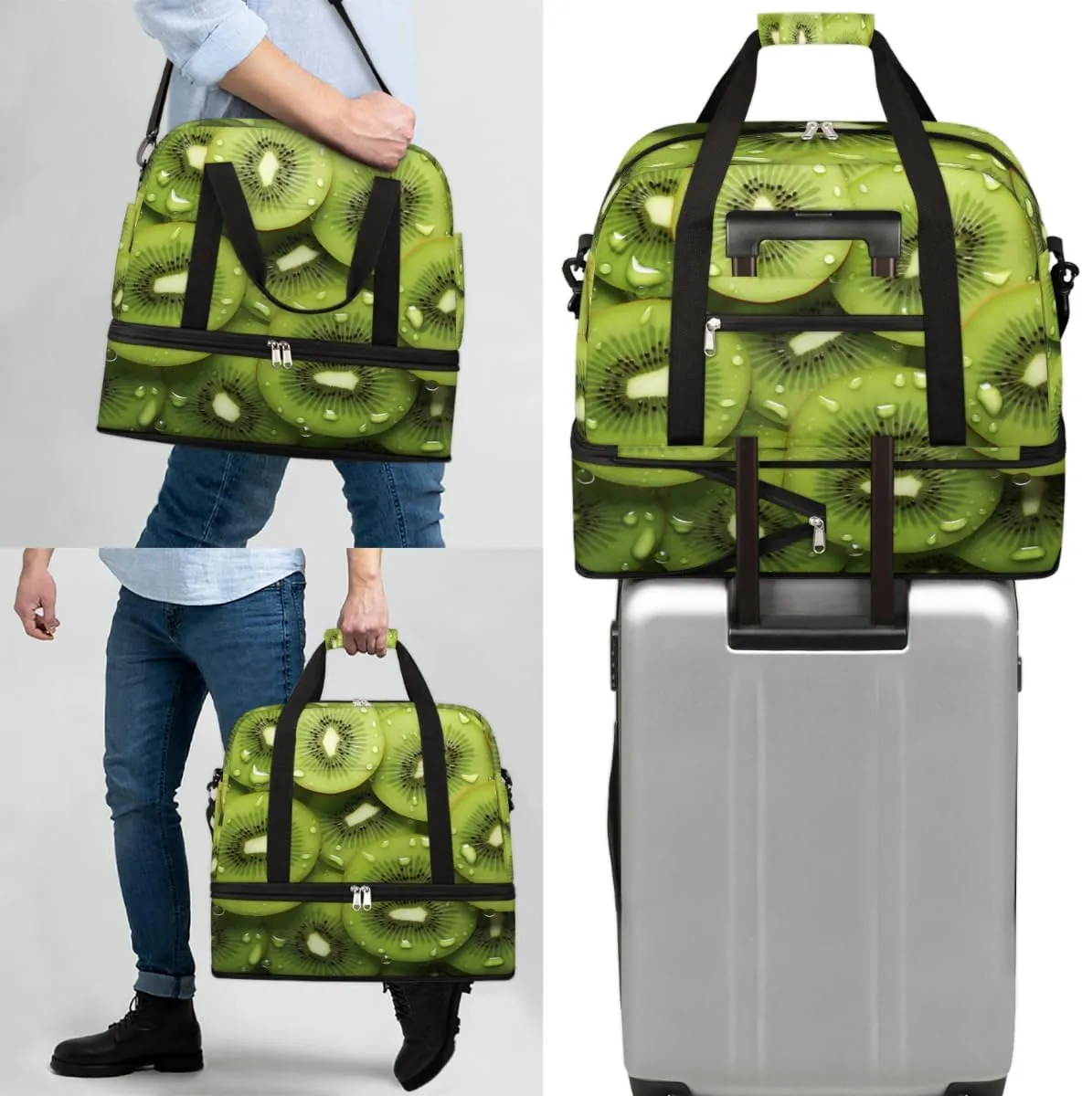 Kiwi Fruit Green Foldable Duffle Bag with Shoes Compartment Large Capacity Waterproof Travel Weekender Bag Overnight Bag for Sports Gym
