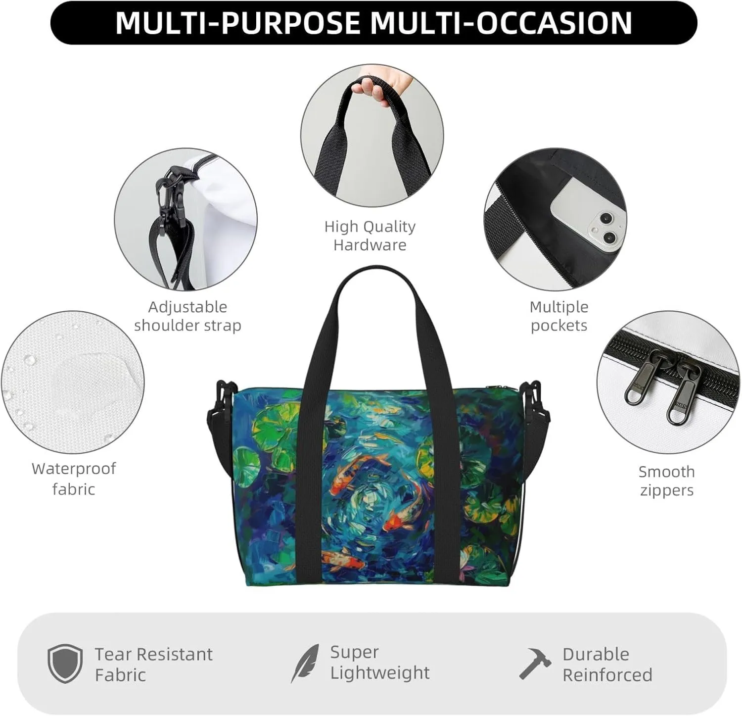 koi fish in a pond print Travel Duffel Bag, Sports Tote Gym Bag, Swim Pool Bag Large Shoulder Tote Bag for Beach Weekender