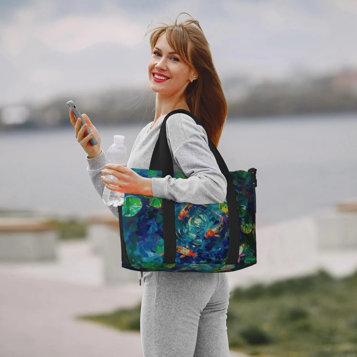 koi fish in a pond print Travel Duffel Bag, Sports Tote Gym Bag, Swim Pool Bag Large Shoulder Tote Bag for Beach Weekender