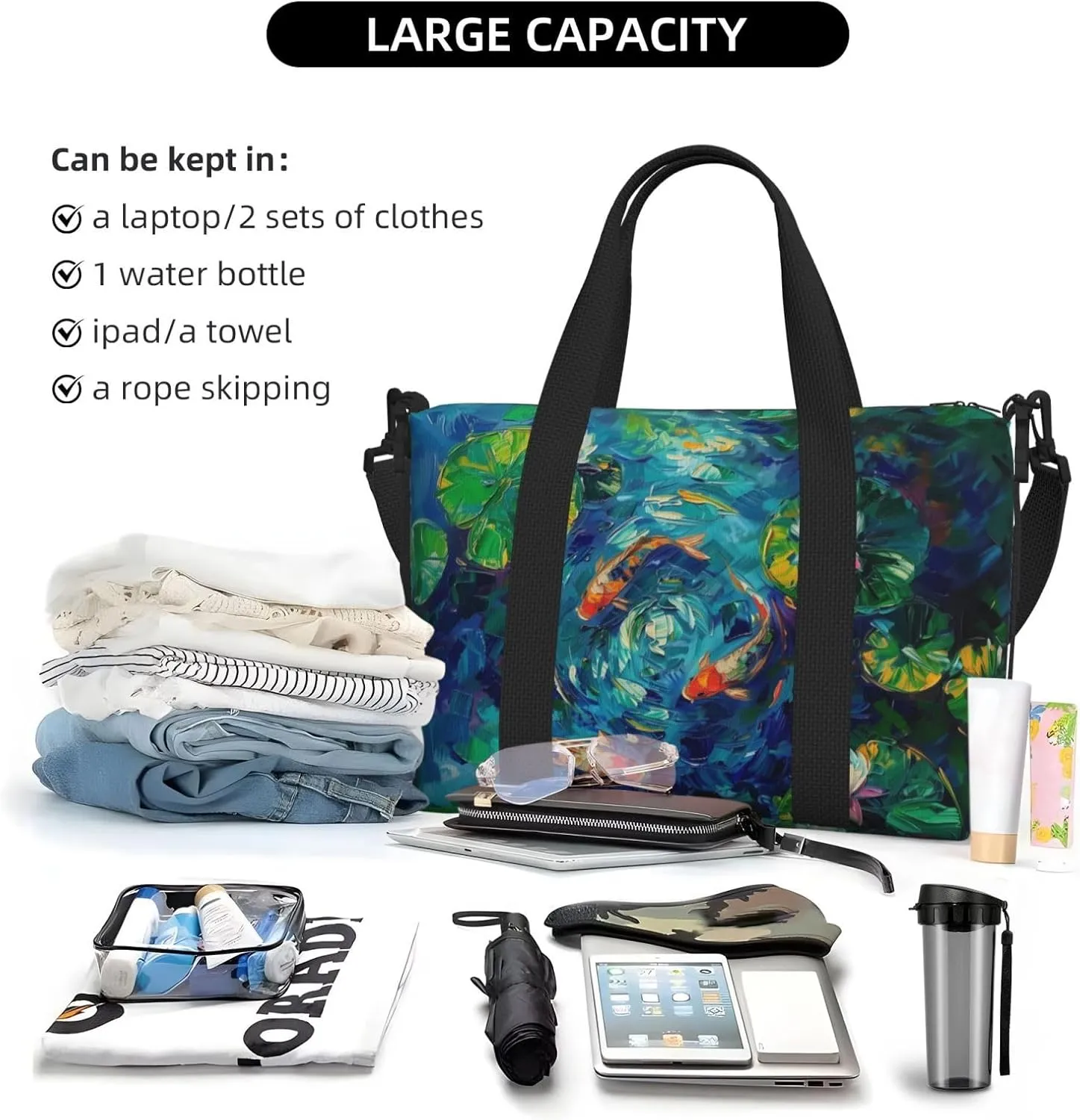 koi fish in a pond print Travel Duffel Bag, Sports Tote Gym Bag, Swim Pool Bag Large Shoulder Tote Bag for Beach Weekender