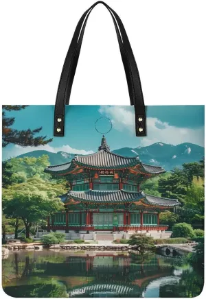Korean Architecture Palace of Koreas Leather Tote Bag for Women Men Shoulder Bag Casual Handbag Work Bag 39x39cm