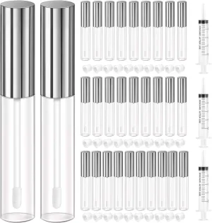 KPX 30 Pcs lip Gloss Tube Containers Bulk Wand 10ml Empty Clear Pink Lip Oil Tubes Refillable Lip Balm Bottles with Rubber Insert for DIY Makeup Such as Lip Samples, Homemade Lip Balm (Silver)