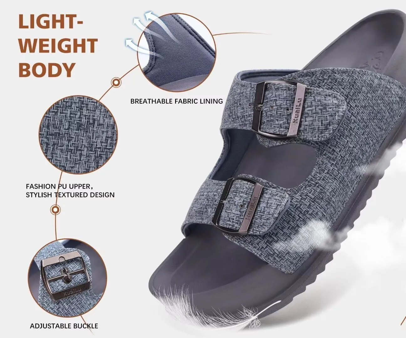 KuaiLu Womens Sandals with Arch Support Comfortable Orthopedic Cushion Recovery Slides Summer Fashion Leather Double Buckle Casual Slip On Plantar Fasciitis Shoes for Indoor&Outdoor (US Size 6-12)