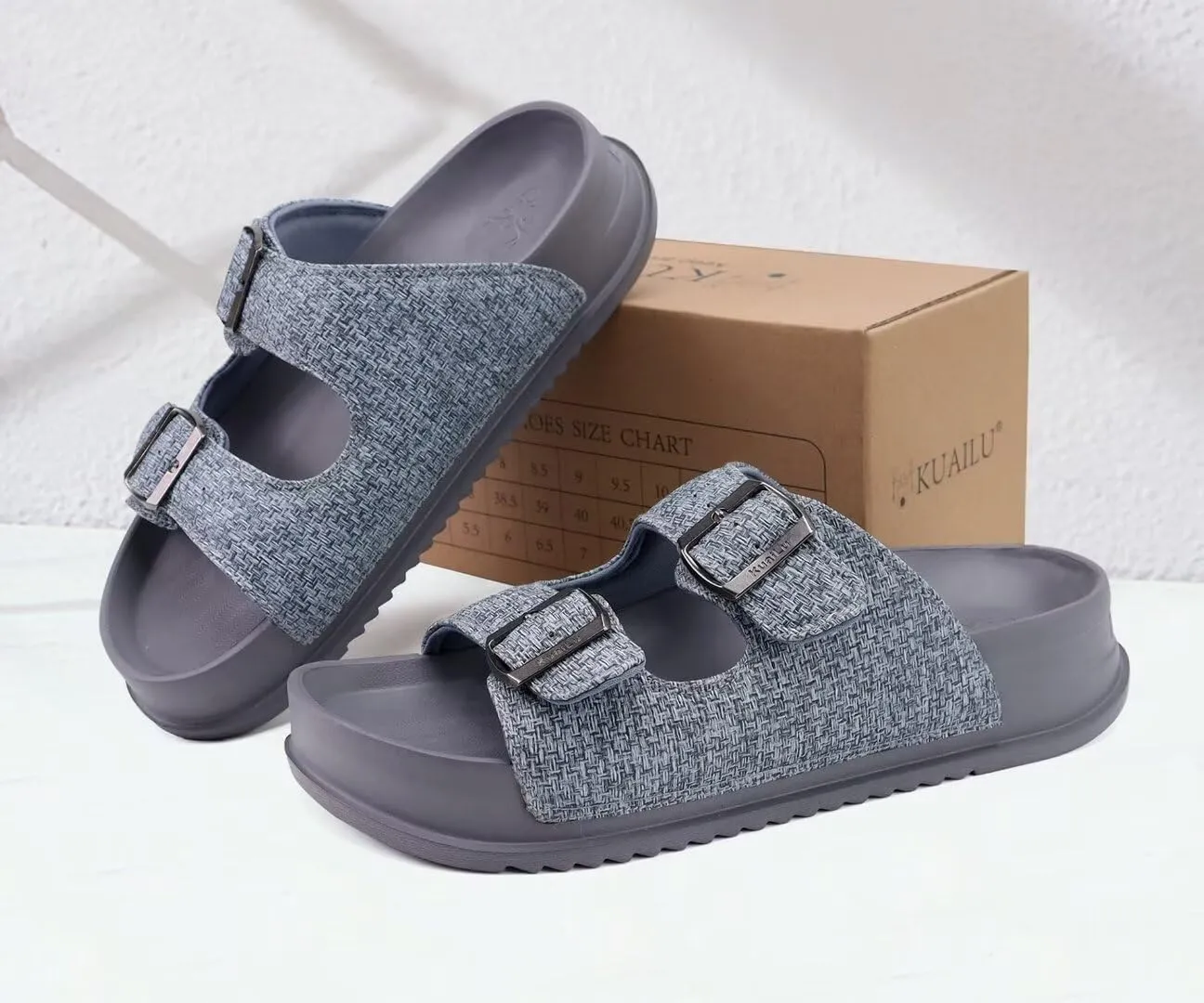KuaiLu Womens Sandals with Arch Support Comfortable Orthopedic Cushion Recovery Slides Summer Fashion Leather Double Buckle Casual Slip On Plantar Fasciitis Shoes for Indoor&Outdoor (US Size 6-12)