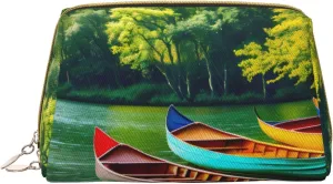 Lake With Boats Canoes Park Leather Toiletry Travel Bag, Compact Makeup Organizer For Women