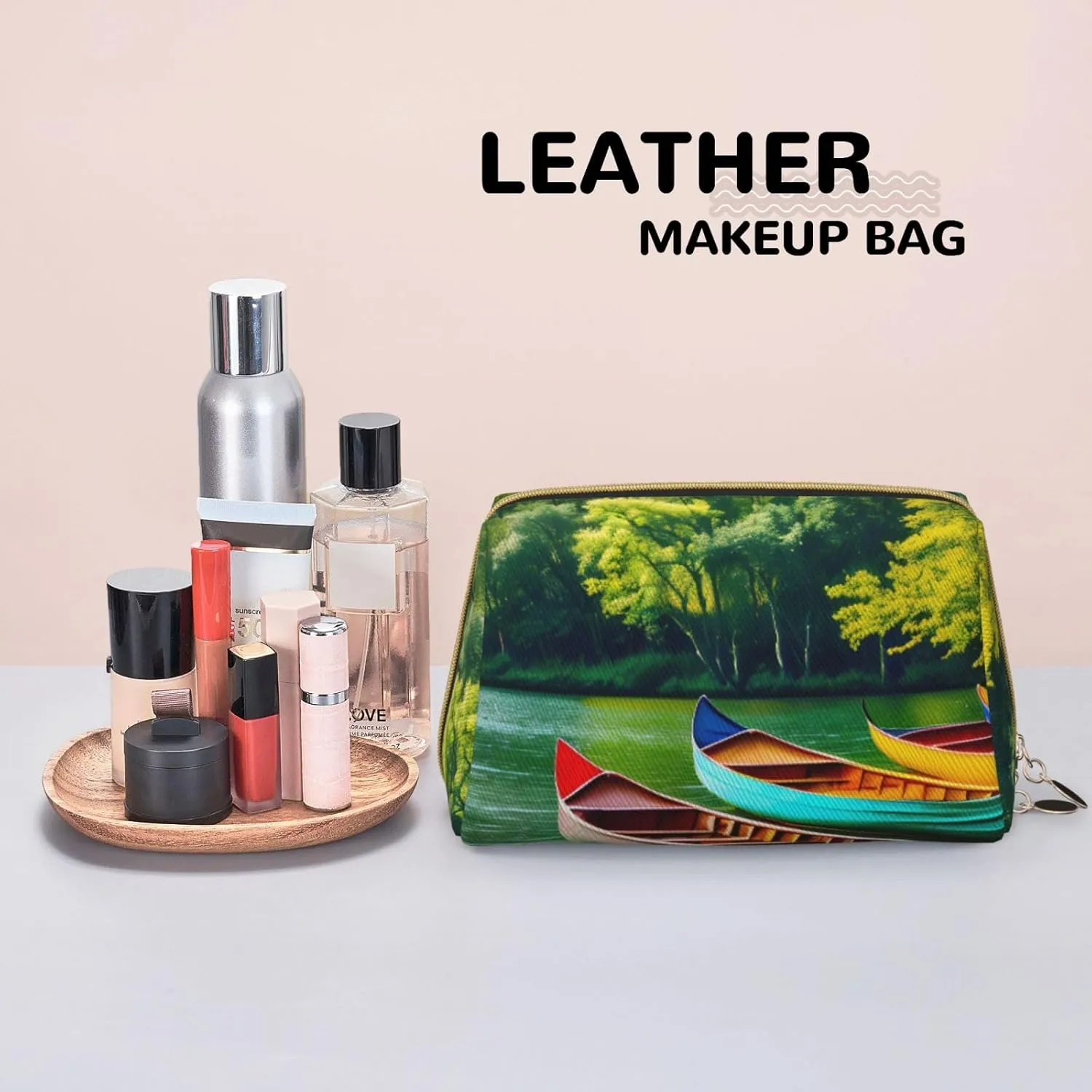 Lake With Boats Canoes Park Leather Toiletry Travel Bag, Compact Makeup Organizer For Women