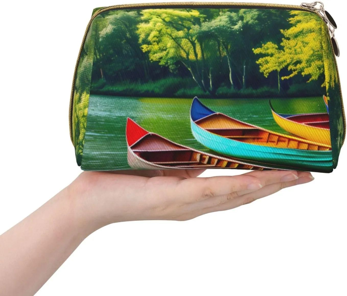 Lake With Boats Canoes Park Leather Toiletry Travel Bag, Compact Makeup Organizer For Women