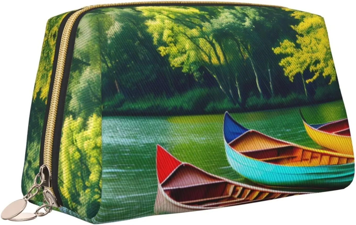 Lake With Boats Canoes Park Leather Toiletry Travel Bag, Compact Makeup Organizer For Women