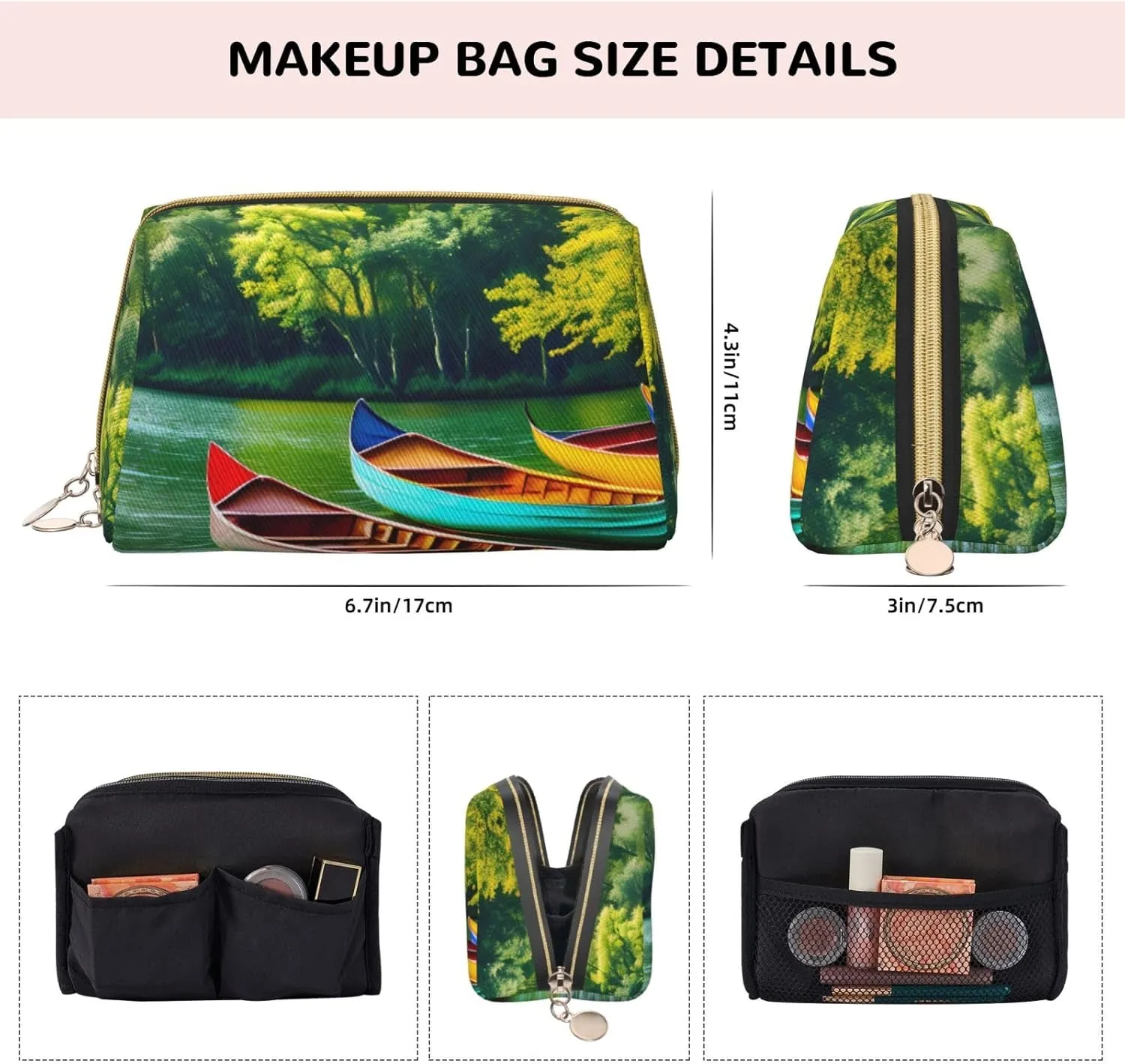 Lake With Boats Canoes Park Leather Toiletry Travel Bag, Compact Makeup Organizer For Women