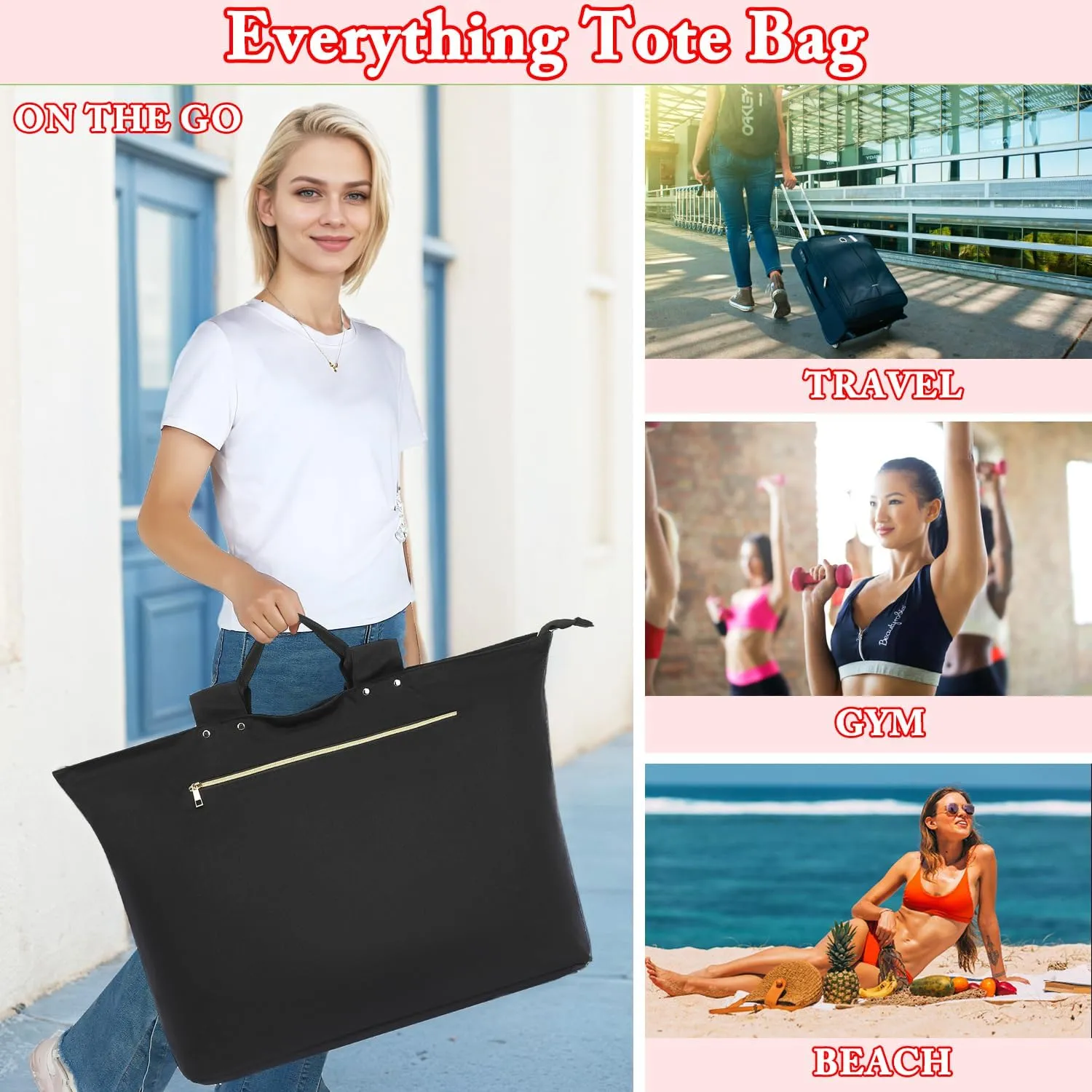 Large Beach Bag for Women, Waterproof Travel Tote Bag with Lunch/Wet Pocket for Weekender, Sandproof, Zipper Closure