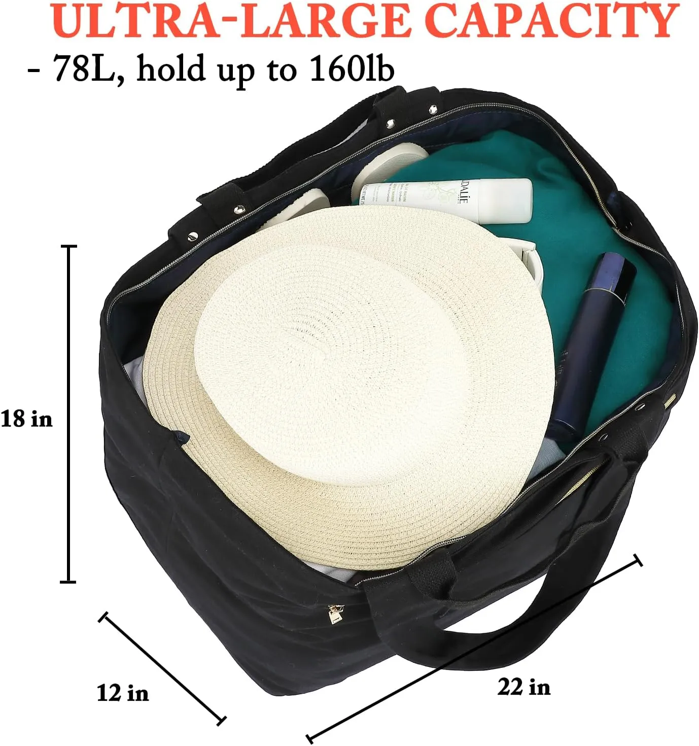 Large Beach Bag for Women, Waterproof Travel Tote Bag with Lunch/Wet Pocket for Weekender, Sandproof, Zipper Closure