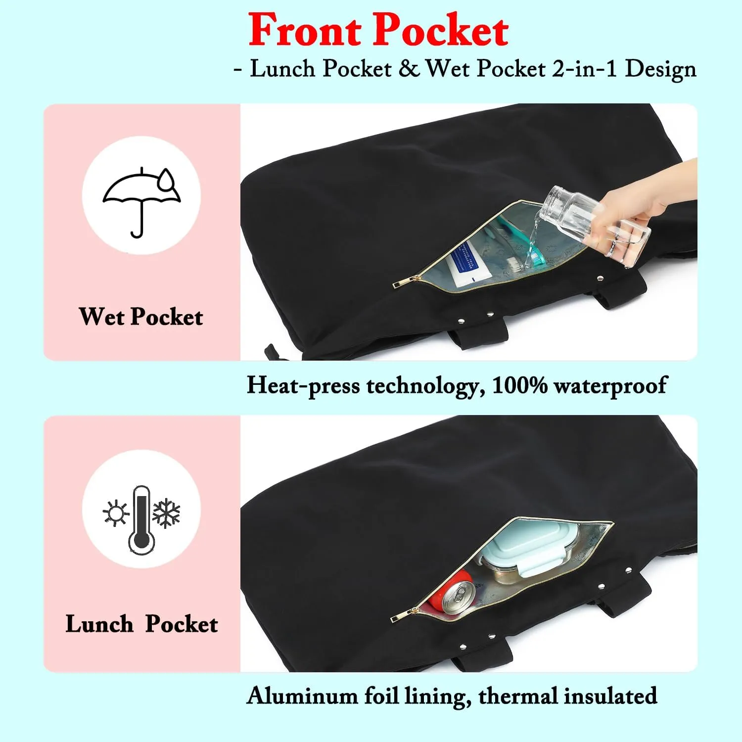 Large Beach Bag for Women, Waterproof Travel Tote Bag with Lunch/Wet Pocket for Weekender, Sandproof, Zipper Closure