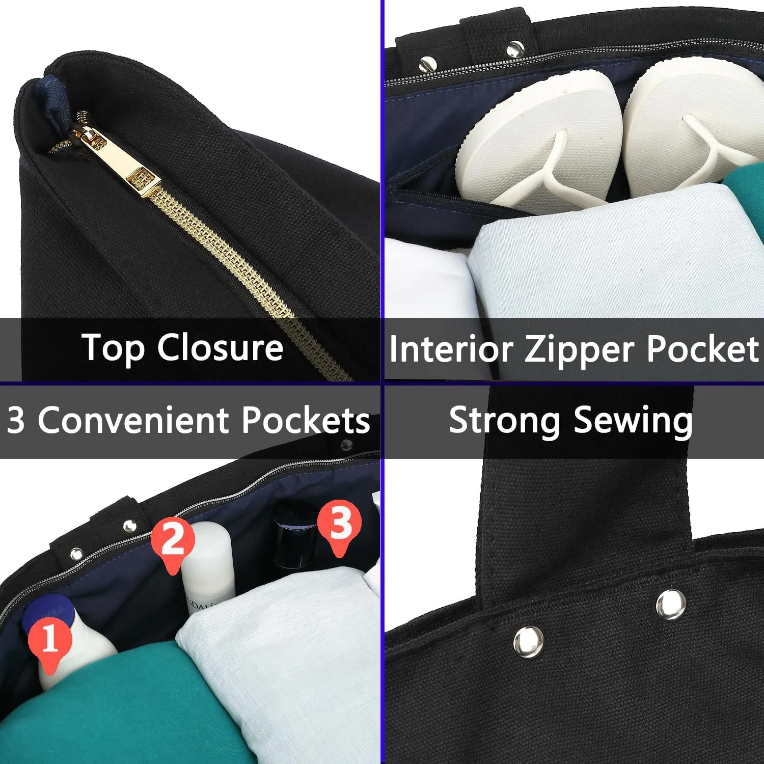 Large Beach Bag for Women, Waterproof Travel Tote Bag with Lunch/Wet Pocket for Weekender, Sandproof, Zipper Closure