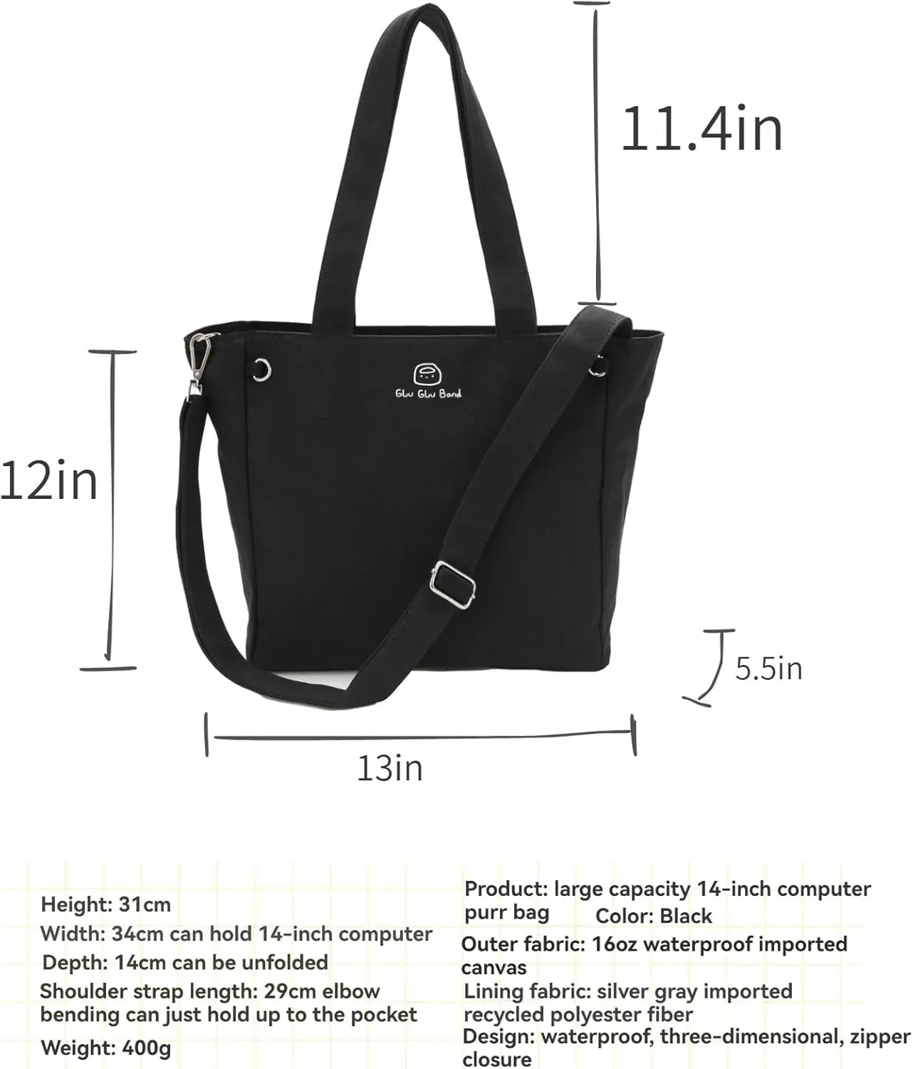 Large Capacity Canvas Laptop Tote Bag with Zipper, Multi-compartments School Work Tote Bag for Women 16in