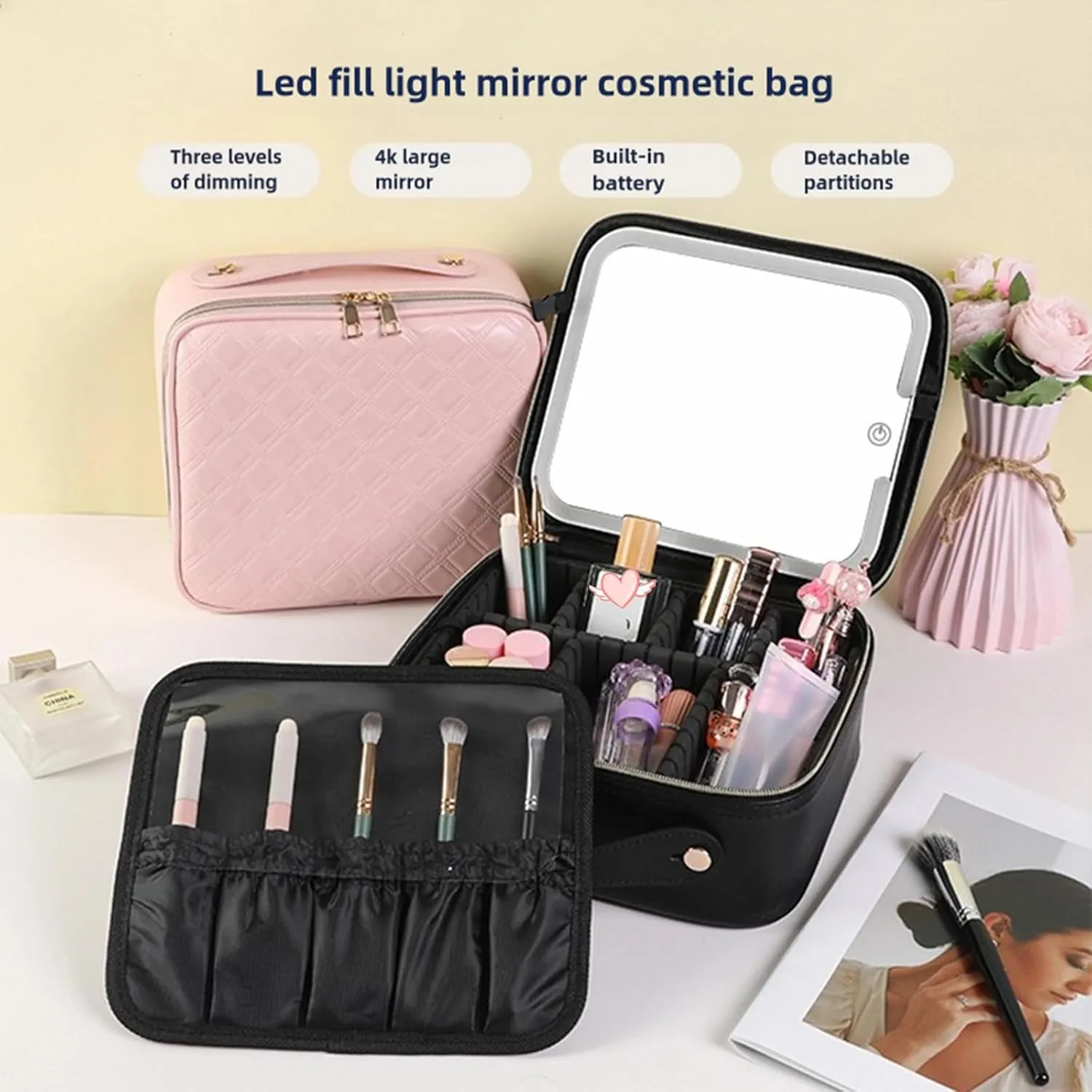 Large Capacity Travel Makeup Train Case with LED Mirror,Rechargeable LED Light for Makeup Cosmetic Case with Brushes Storage Organizer,Travel Box Cosmetic Bag for Women (Pu-Purple)
