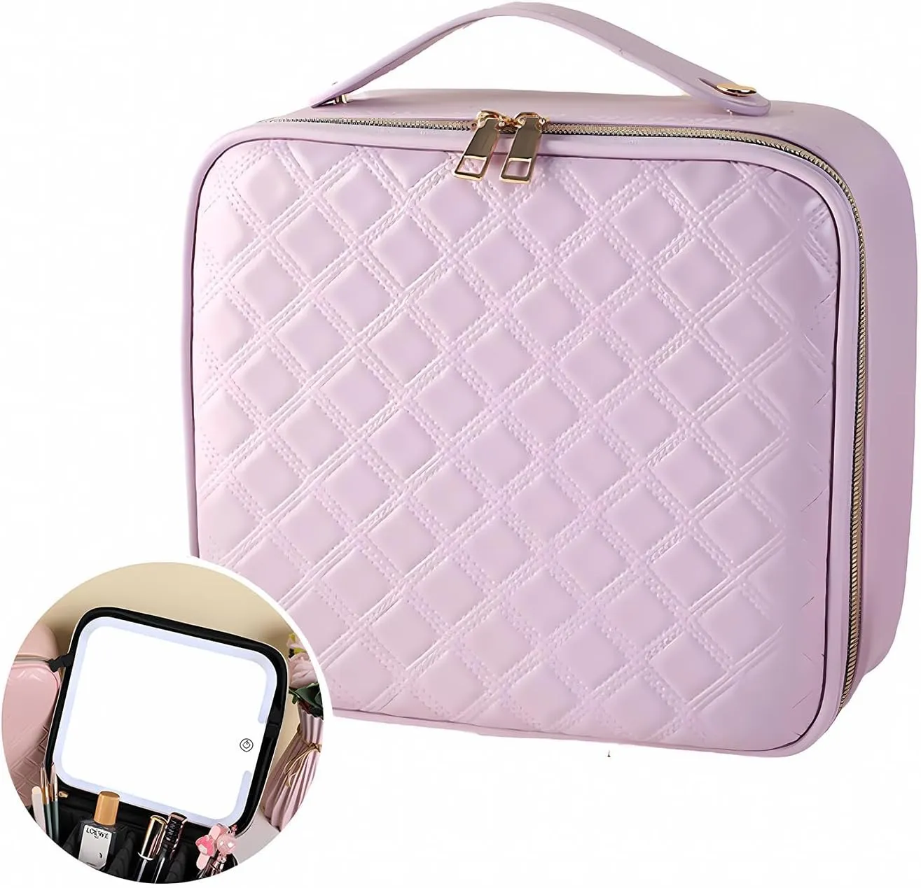 Large Capacity Travel Makeup Train Case with LED Mirror,Rechargeable LED Light for Makeup Cosmetic Case with Brushes Storage Organizer,Travel Box Cosmetic Bag for Women (Pu-Purple)