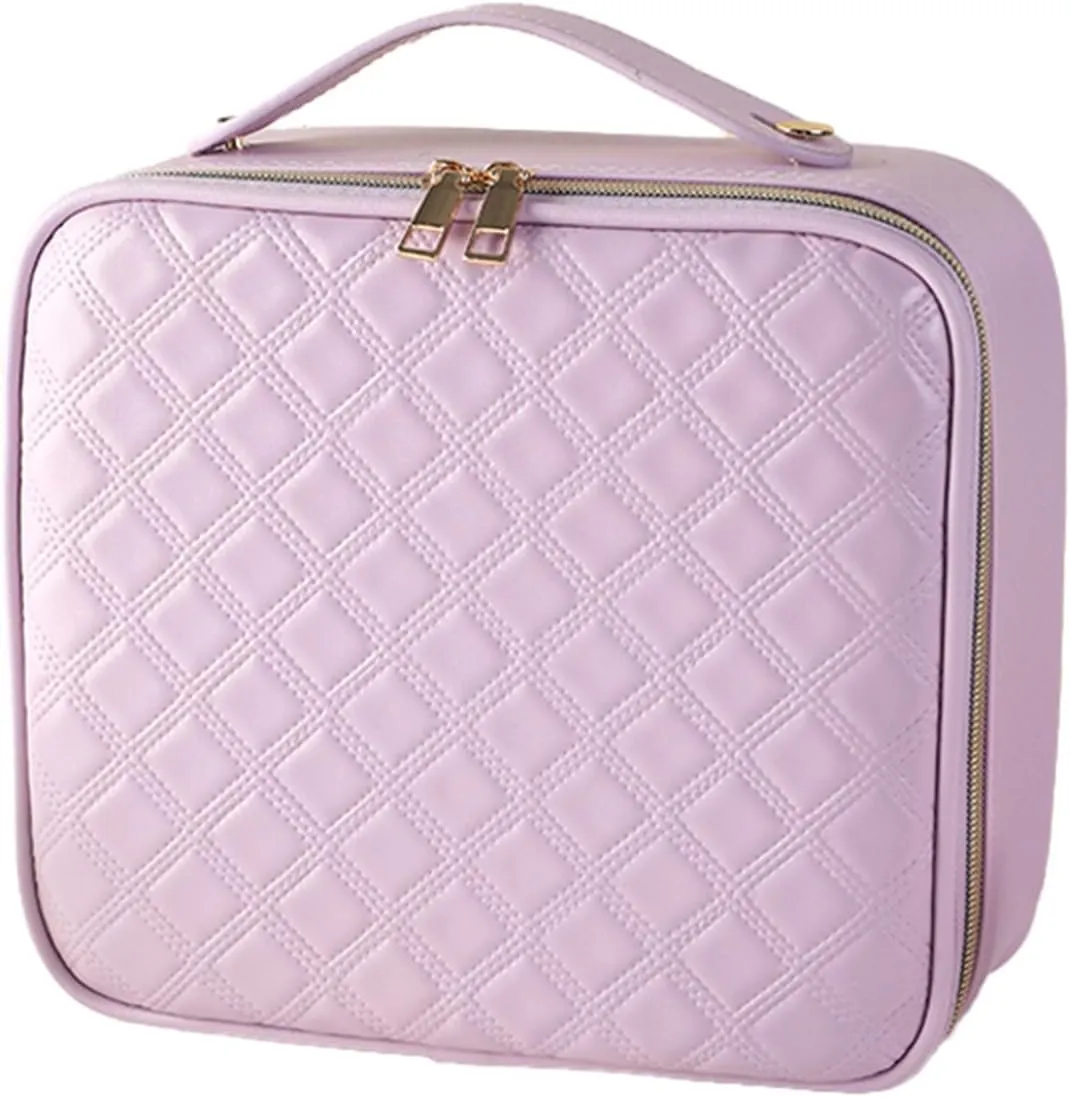 Large Capacity Travel Makeup Train Case with LED Mirror,Rechargeable LED Light for Makeup Cosmetic Case with Brushes Storage Organizer,Travel Box Cosmetic Bag for Women (Pu-Purple)