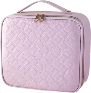 Large Capacity Travel Makeup Train Case with LED Mirror,Rechargeable LED Light for Makeup Cosmetic Case with Brushes Storage Organizer,Travel Box Cosmetic Bag for Women (Pu-Purple)