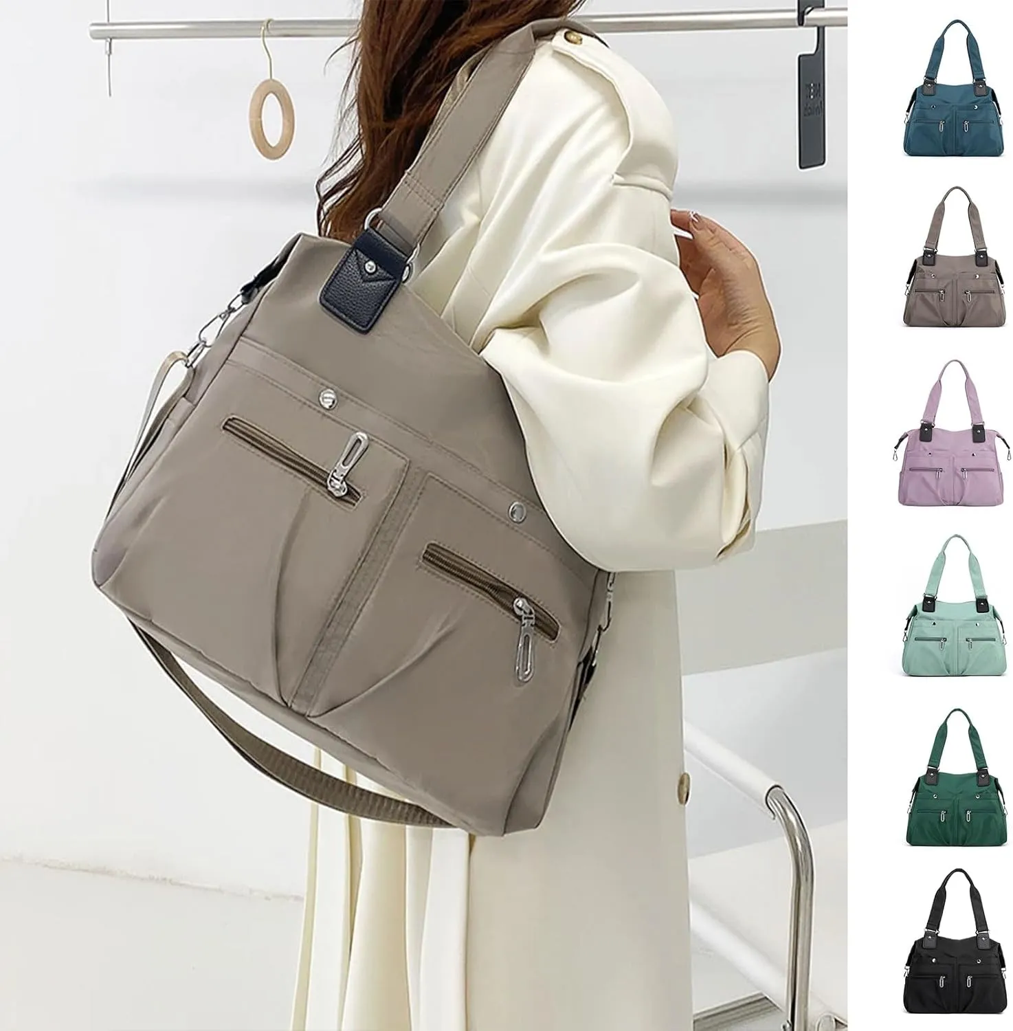 Large Capacity Waterproof Multi Pocket Shoulder Bag, Waterproof Multi Pocket Shoulder Bag, Nylon Tote Bag (Light purple)