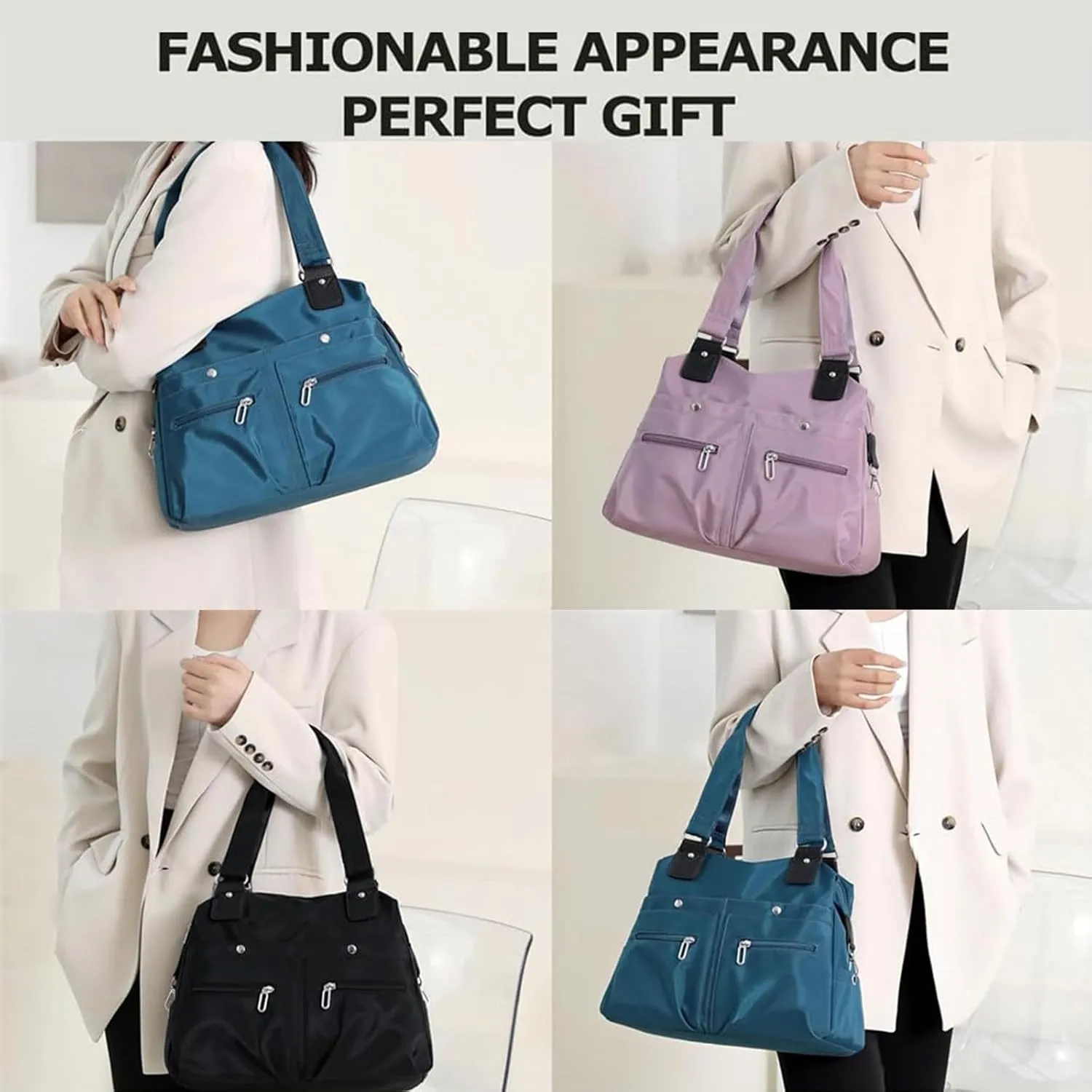 Large Capacity Waterproof Multi Pocket Shoulder Bag, Waterproof Multi Pocket Shoulder Bag, Nylon Tote Bag (Light purple)