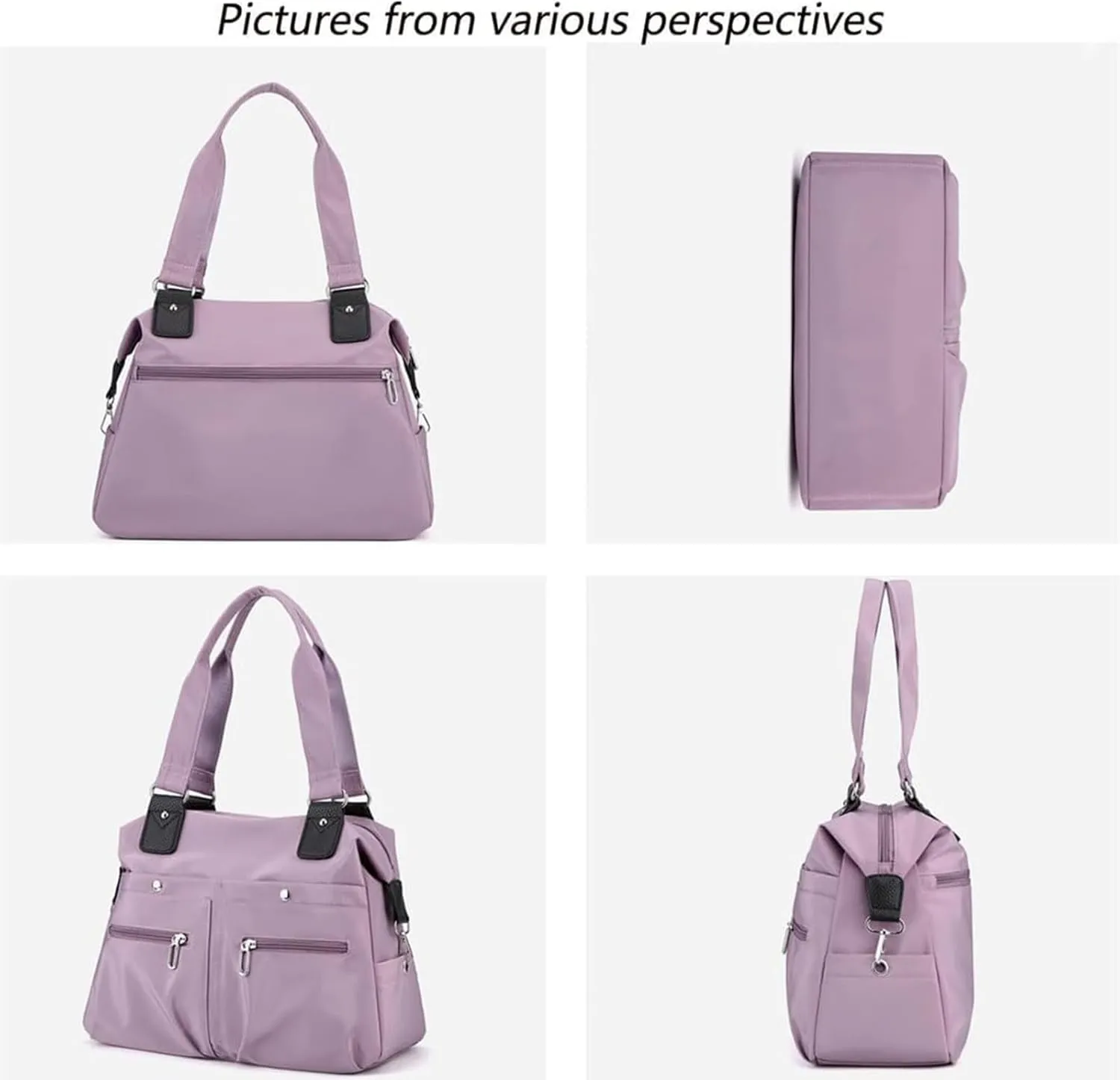 Large Capacity Waterproof Multi Pocket Shoulder Bag, Waterproof Multi Pocket Shoulder Bag, Nylon Tote Bag (Light purple)