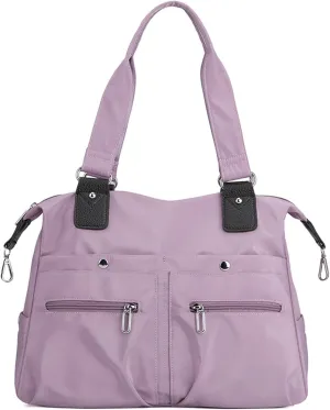 Large Capacity Waterproof Multi Pocket Shoulder Bag, Waterproof Multi Pocket Shoulder Bag, Nylon Tote Bag (Light purple)