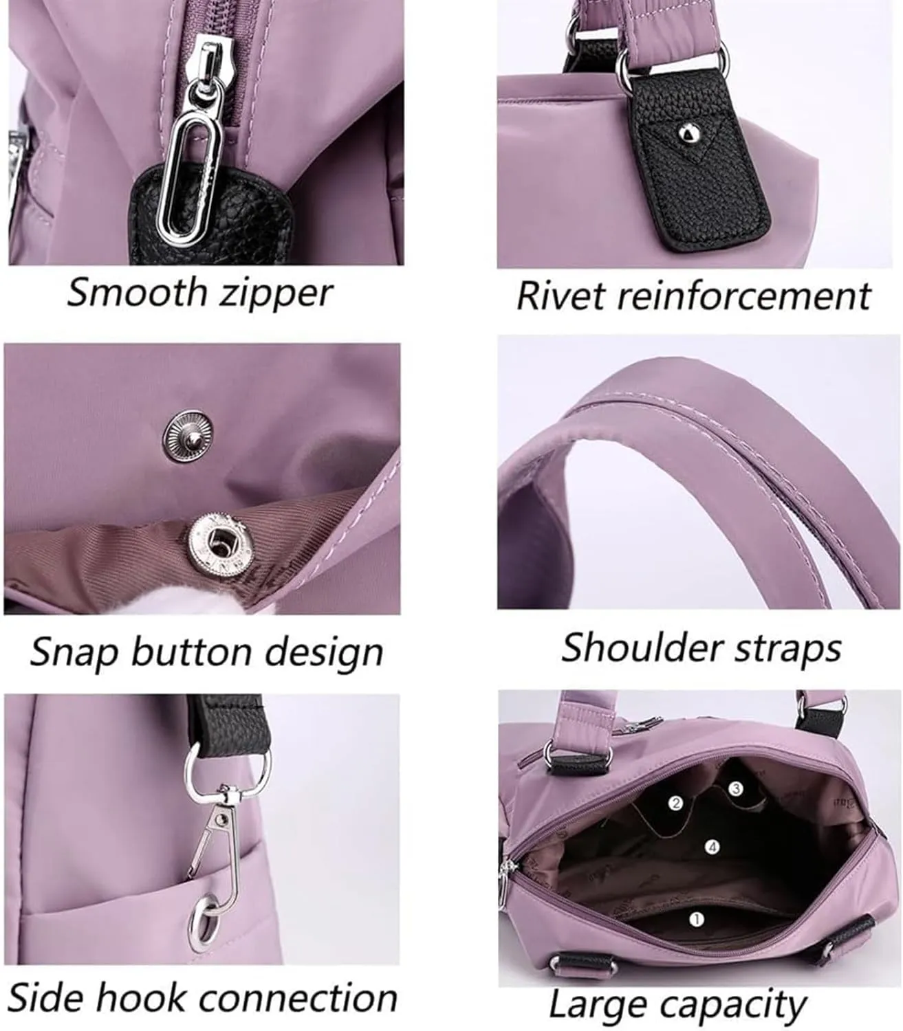 Large Capacity Waterproof Multi Pocket Shoulder Bag, Waterproof Multi Pocket Shoulder Bag, Nylon Tote Bag (Light purple)