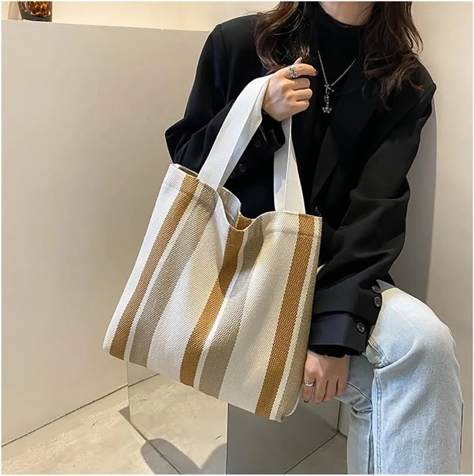 Large Capacity Women Canvas Tote Handbag - Reusable Black Stripe Shopping Bag
