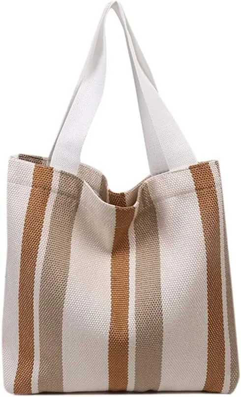 Large Capacity Women Canvas Tote Handbag - Reusable Black Stripe Shopping Bag