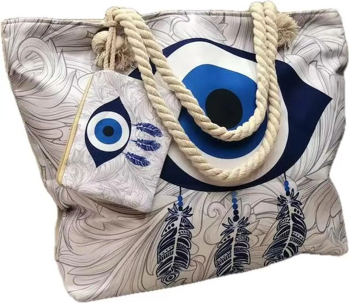 Large Capacity Women's Evil Eye Beach Tote Bag, with Wet Compartment and Zippered Pouch for Travel, Pool, and Everyday Use