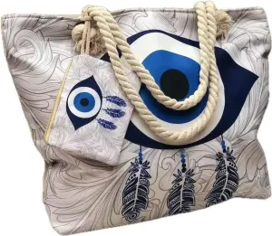 Large Capacity Women's Evil Eye Beach Tote Bag, with Wet Compartment and Zippered Pouch for Travel, Pool, and Everyday Use