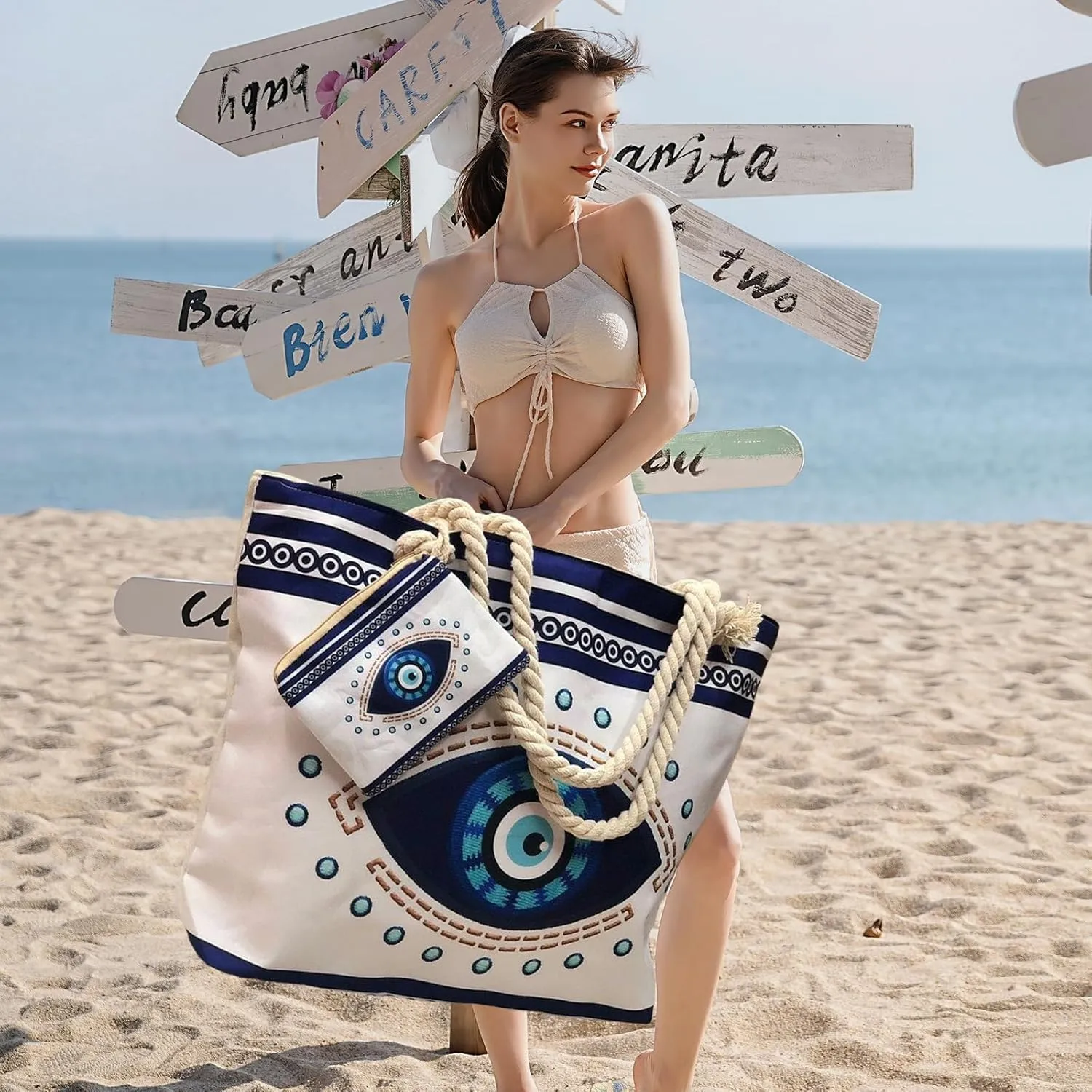 Large Capacity Women's Evil Eye Beach Tote Bag, with Wet Compartment and Zippered Pouch for Travel, Pool, and Everyday Use